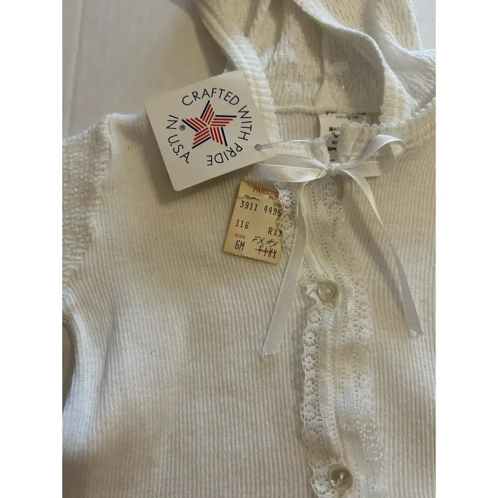 Vtg Paty Baby Gown White Size 6 Months Lace Knit Ribbon‎ Tie Hooded USA NOS